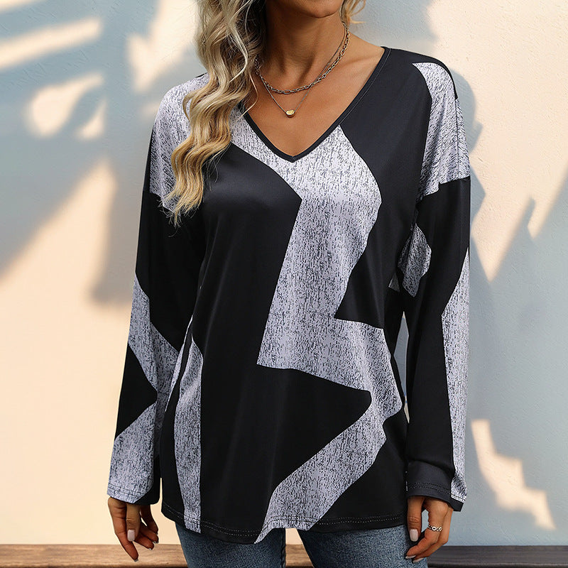 Damen Oversize V-Ausschnitt-Shirt mit abstraktem Grafikprint und leichtem Fall Shop Nory