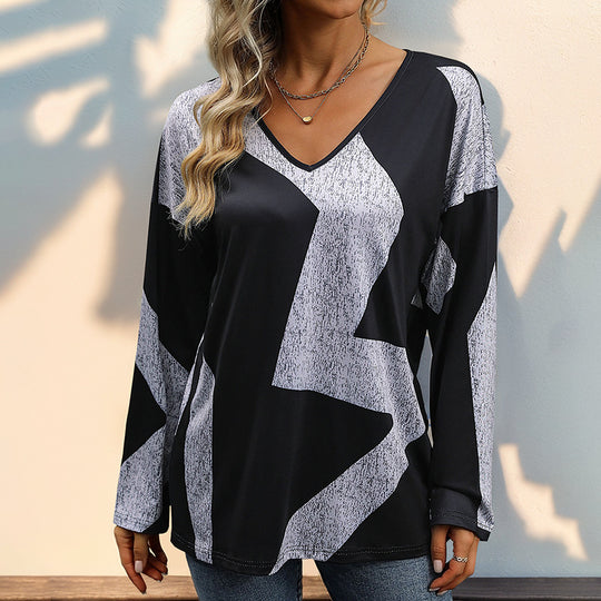 Damen Oversize V-Ausschnitt-Shirt mit abstraktem Grafikprint und leichtem Fall Shop Nory