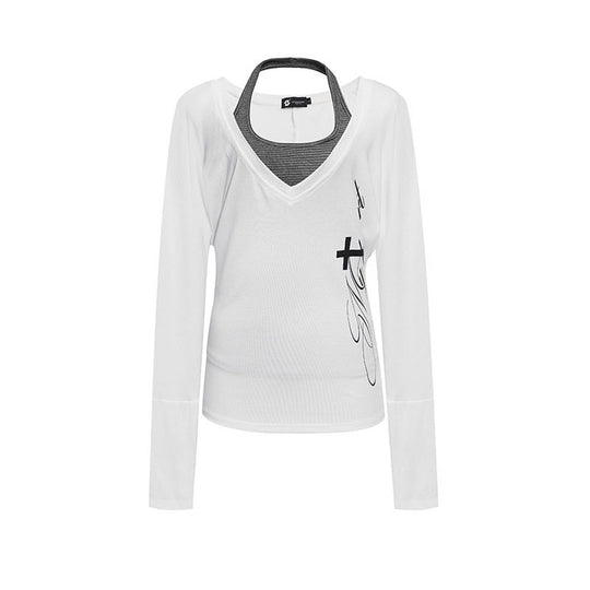 Damen Lagen-Langarmshirt mit tiefem V-Ausschnitt, Neckholder-Innenlayer und seitlichem Script-Print Shop Nory