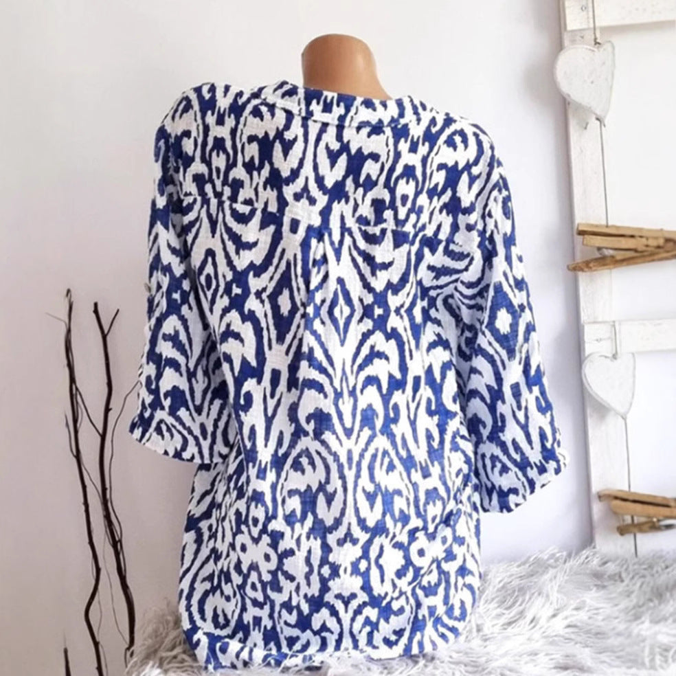 Damen nan locker geschnittene Tunika-Bluse mit Ikat‑Muster, V‑Ausschnitt und Dreiviertelärmeln Shopnory