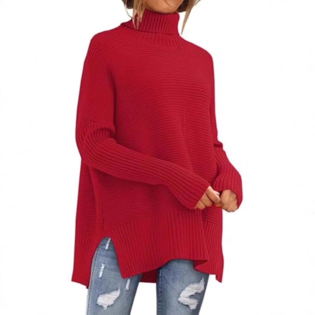 Damen Oversize-Rippenstrick Rollkragenpullover mit Seitenschlitzen und verlängertem Saum Shop Nory