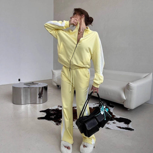Damen lässiges Zweiteiler-Set mit Stehkragen-Zipjacke und locker geschnittener Tunnelzughose Shop Nory