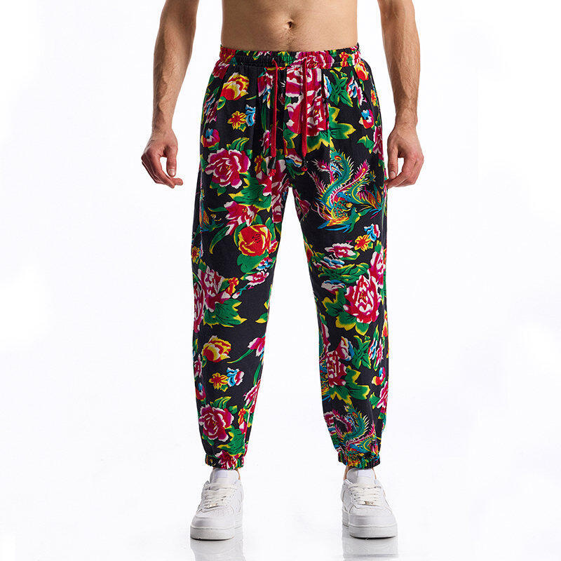 Herren lässige Haremshose mit buntem Blumenmuster und Gummizug