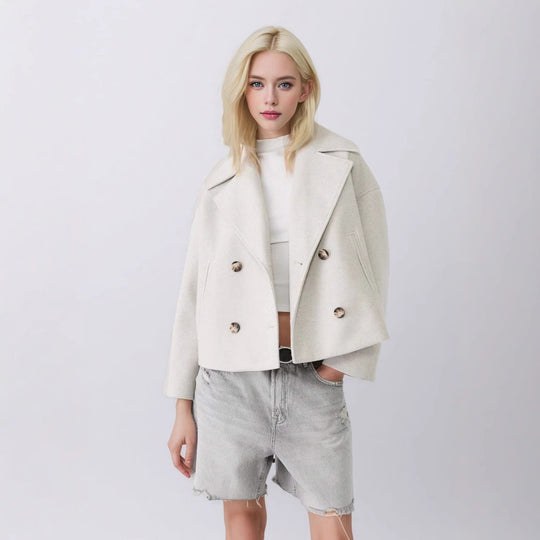 Damen nan kurzes doppeltreihiges Wollmix-Manteljacke im Boxy-Cut mit weitem Reverskragen Shop Nory