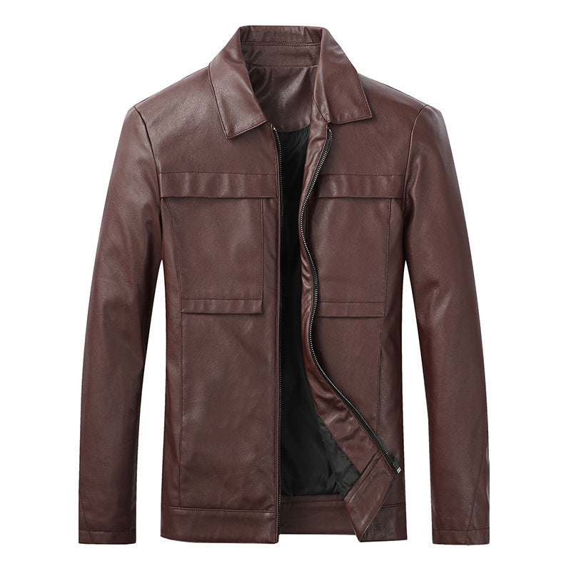 Herren Slim‑Fit Lederoptik-Truckerjacke mit Hemdkragen, verdecktem Reißverschluss und Pattentaschen Shop Nory