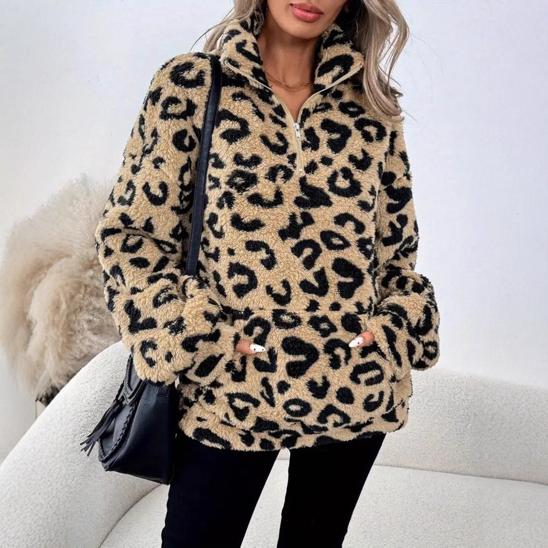 Damen Fleece-Pullover mit stylischem Leopardenmuster