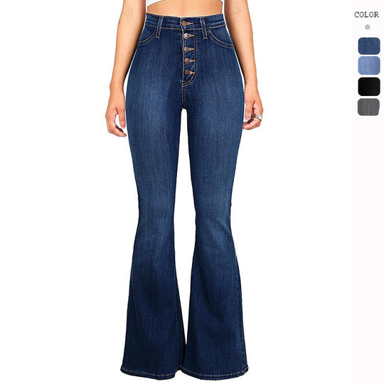 Damen High-Waist Flared Jeans mit dekorativen Knopfdetails und elastischem Bund Shopnory