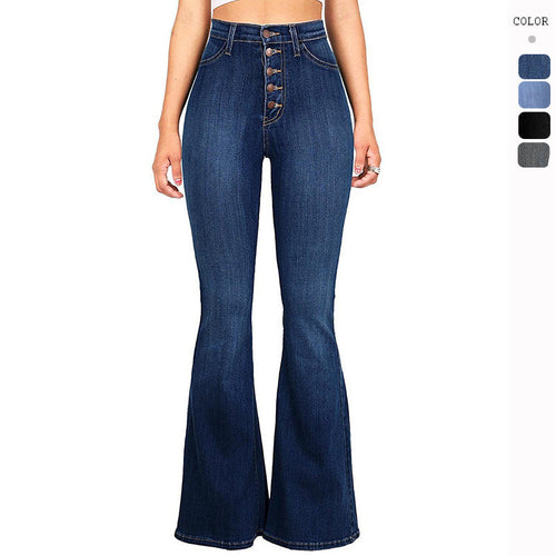 Damen High-Waist Flared Jeans mit dekorativen Knopfdetails und elastischem Bund Shopnory