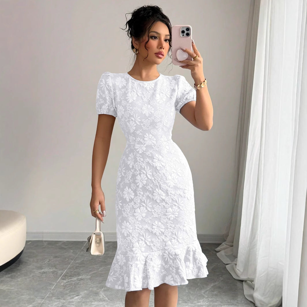 Damen Blumenspitze Midi-Kleid mit Rüschensaum