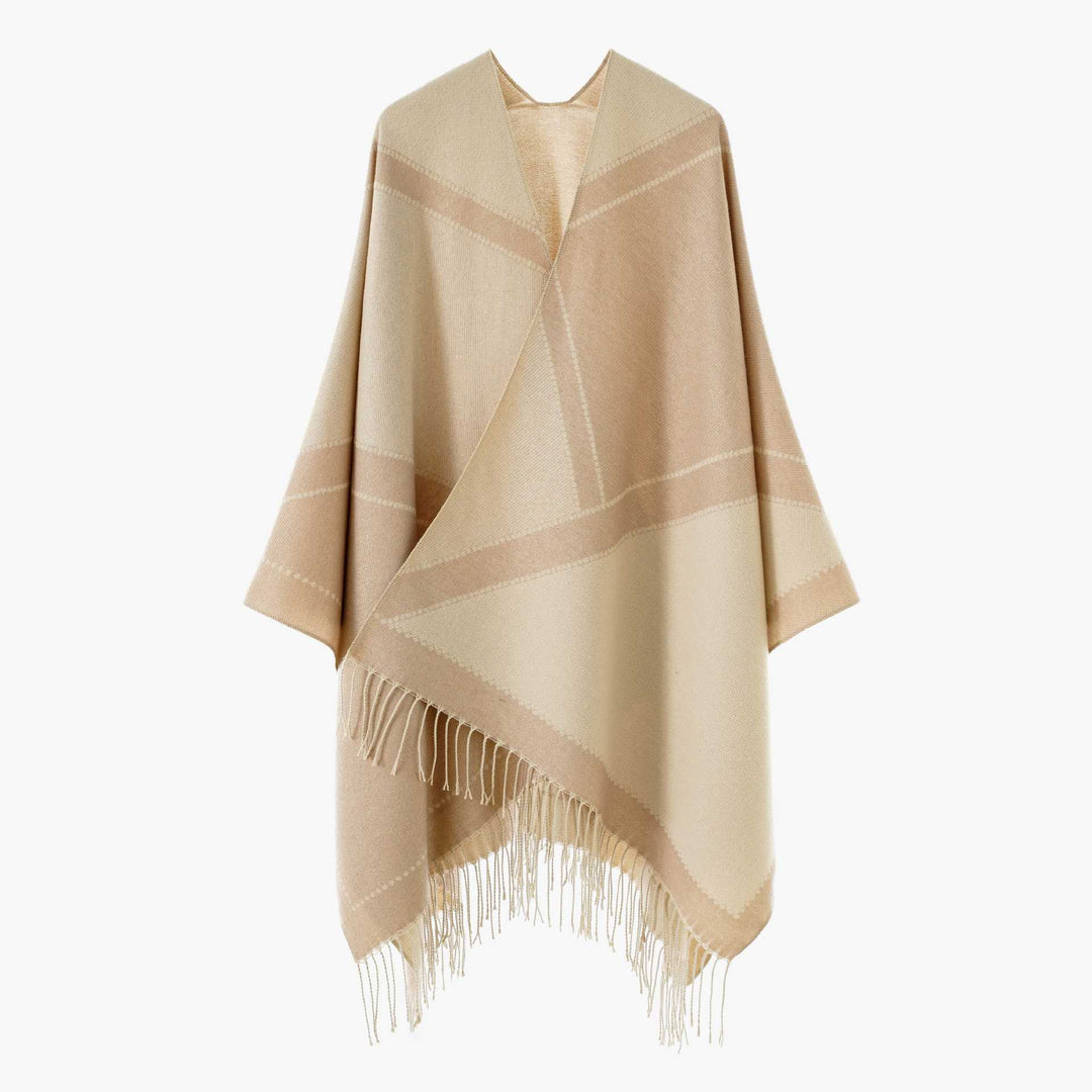 Damen Wendbarer Strickcape-Poncho mit Fransen und kontrastierenden Streifen Shop Nory