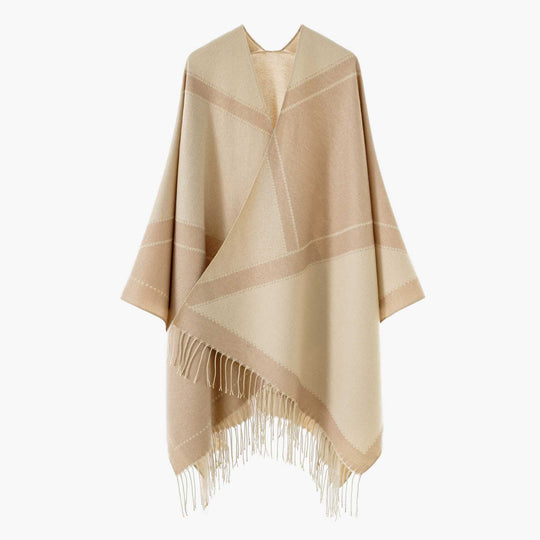 Damen Wendbarer Strickcape-Poncho mit Fransen und kontrastierenden Streifen Shop Nory
