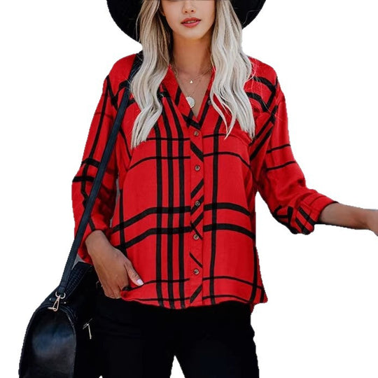 Damen Oversize-Hemdbluse mit Karomuster, Brusttasche und umkrempelbaren Ärmeln Shop Nory