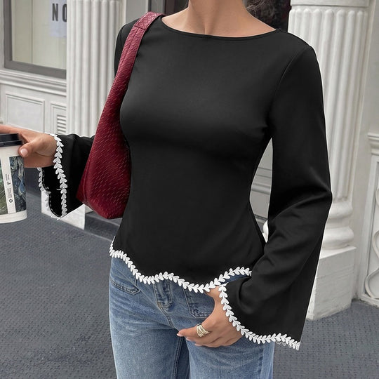 Damen Taillierte Langarmbluse mit U‑Boot‑Ausschnitt, Glockenärmeln und besticktem Blattbesatz Shop Nory