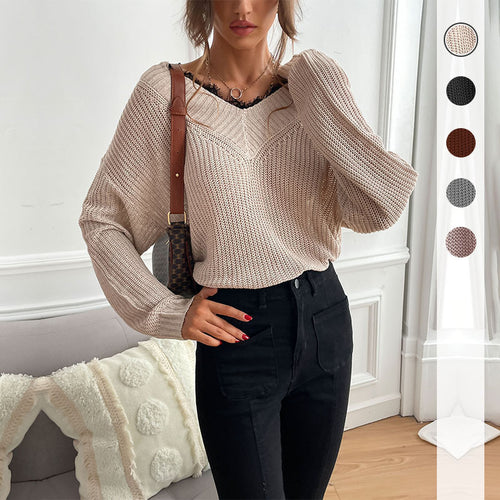 Damen Oversize V‑Ausschnitt Feinstrickpullover mit überschnittener Schulter und Rippbündchen Shop Nory