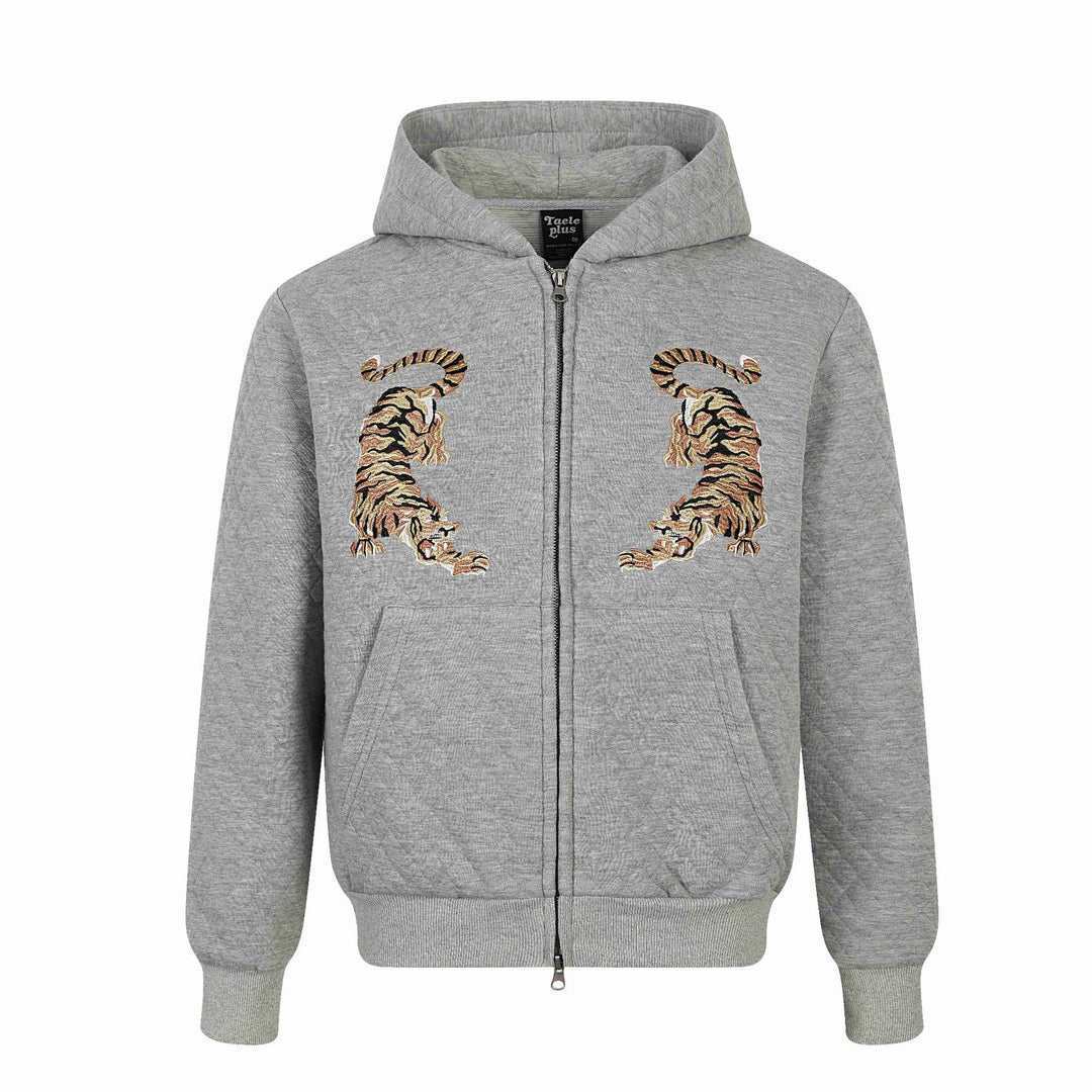 Unisex Gesteppte Kapuzenjacke mit Reißverschluss, Kängurutasche und spiegelnder Tiger‑Stickerei Shop Nory