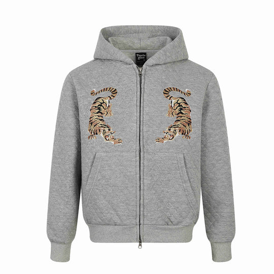 Unisex Gesteppte Kapuzenjacke mit Reißverschluss, Kängurutasche und spiegelnder Tiger‑Stickerei Shop Nory
