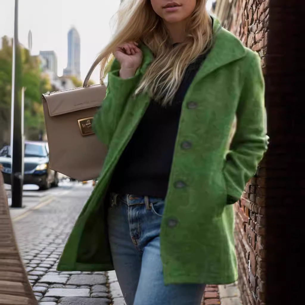 Damen Kurzmantel aus Velourslederimitat mit Hemdkragen, Knopfleiste und seitlichen Eingrifftaschen Shop Nory