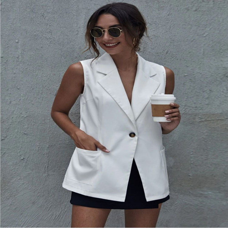 Damen Ärmellose lange Blazerweste im Tailoring mit Ein-Knopf-Verschluss und aufgesetzten Pattentaschen Shop Nory