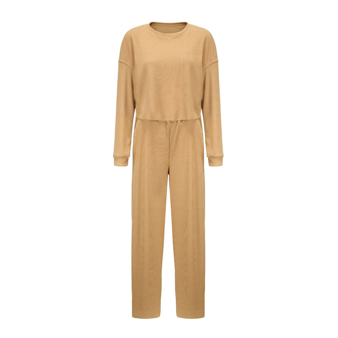 Damen kurz geschnittenes Waffelstrick-Lounge-Set mit hoch taillierter Palazzohose Shop Nory
