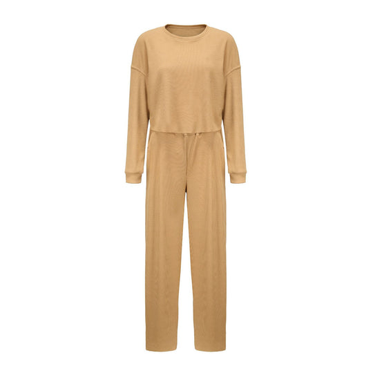 Damen kurz geschnittenes Waffelstrick-Lounge-Set mit hoch taillierter Palazzohose Shop Nory