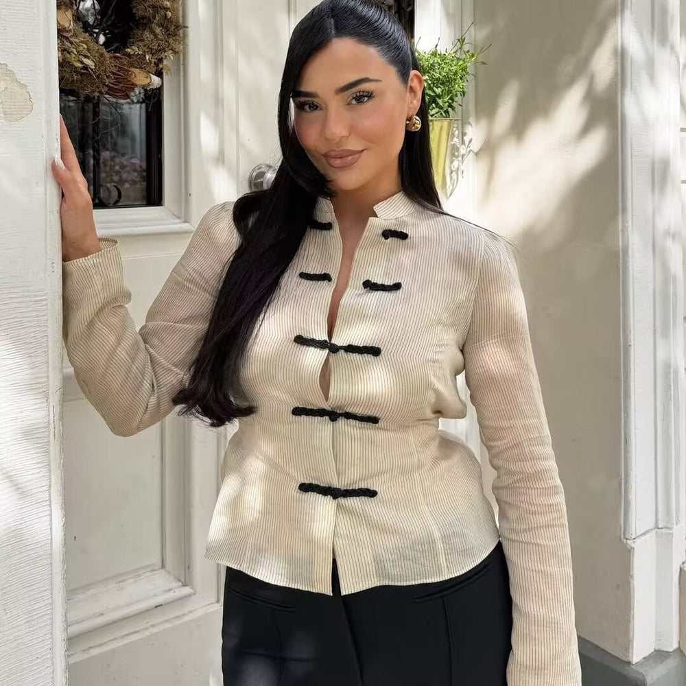Damen Kurzjacke mit Stehkragen, chinesischen Kordelverschlüssen und Nadelstreifen Shop Nory