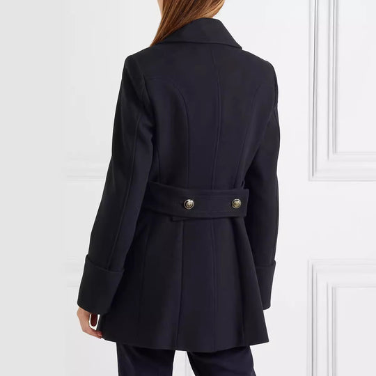 Damen Eleganter taillierter Midilanger Doppelreiher-Blazermantel mit markanter Schulter und Zierrundknöpfen Shop Nory