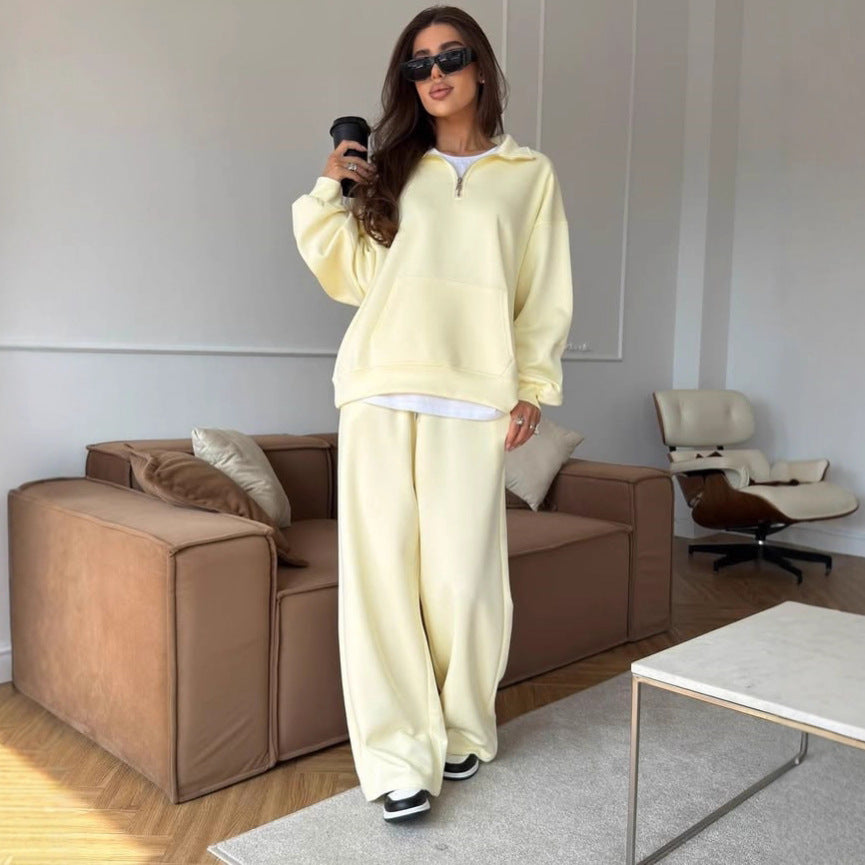 Damen Bequeme und elegante Langarm-Pullover mit Reißverschluss und weiten Jogginghose Shop Nory