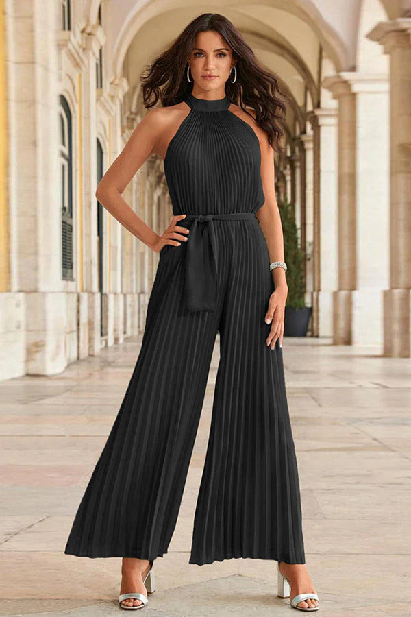 Damen Plissierter Ärmelloser Jumpsuit mit hohem Stehkragen, weitem Palazzo-Bein und Taillenschärpe Shop Nory