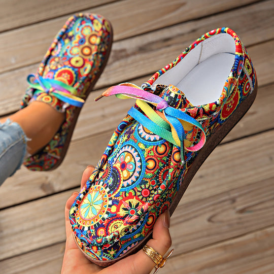 Damen Bequeme Plateau-Slipper im Ethno‑Print mit Korkoptik‑Sohle Shop Nory