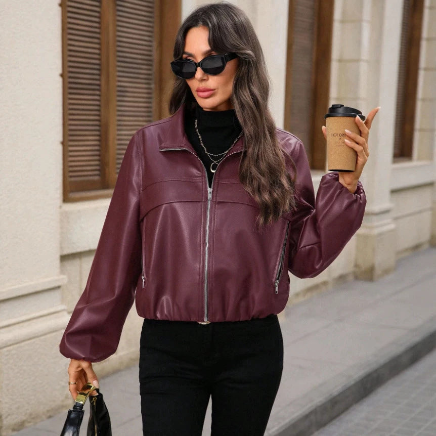 Damen Trendige cropped Kunstlederjacke