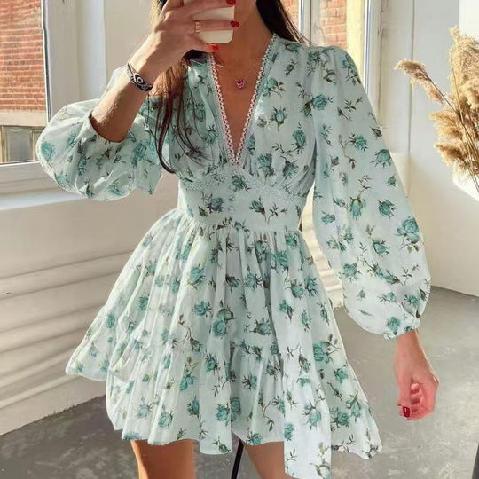 Damen Boho-florales Minikleid mit V-Ausschnitt und Puffärmeln Shop Nory