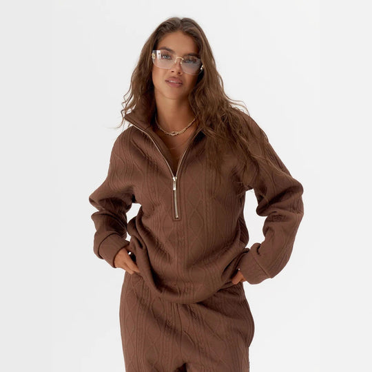 Damen Zopfstrick-Lounge-Set mit halbem Reißverschluss und hochtaillierter Jogginghose Shop Nory