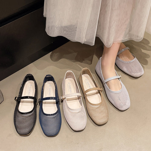 Damen Bequeme Mesh-Ballerinas mit verstellbarem Riemchen