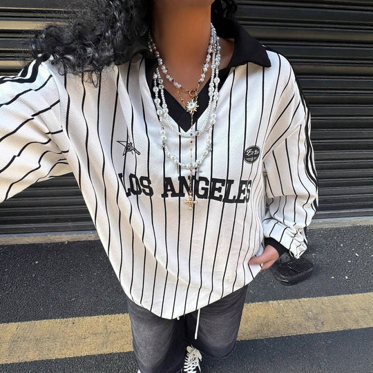 Damen Oversize Baseball-Polo-Shirt mit Nadelstreifen, V-Ausschnitt und Kordel Shop Nory