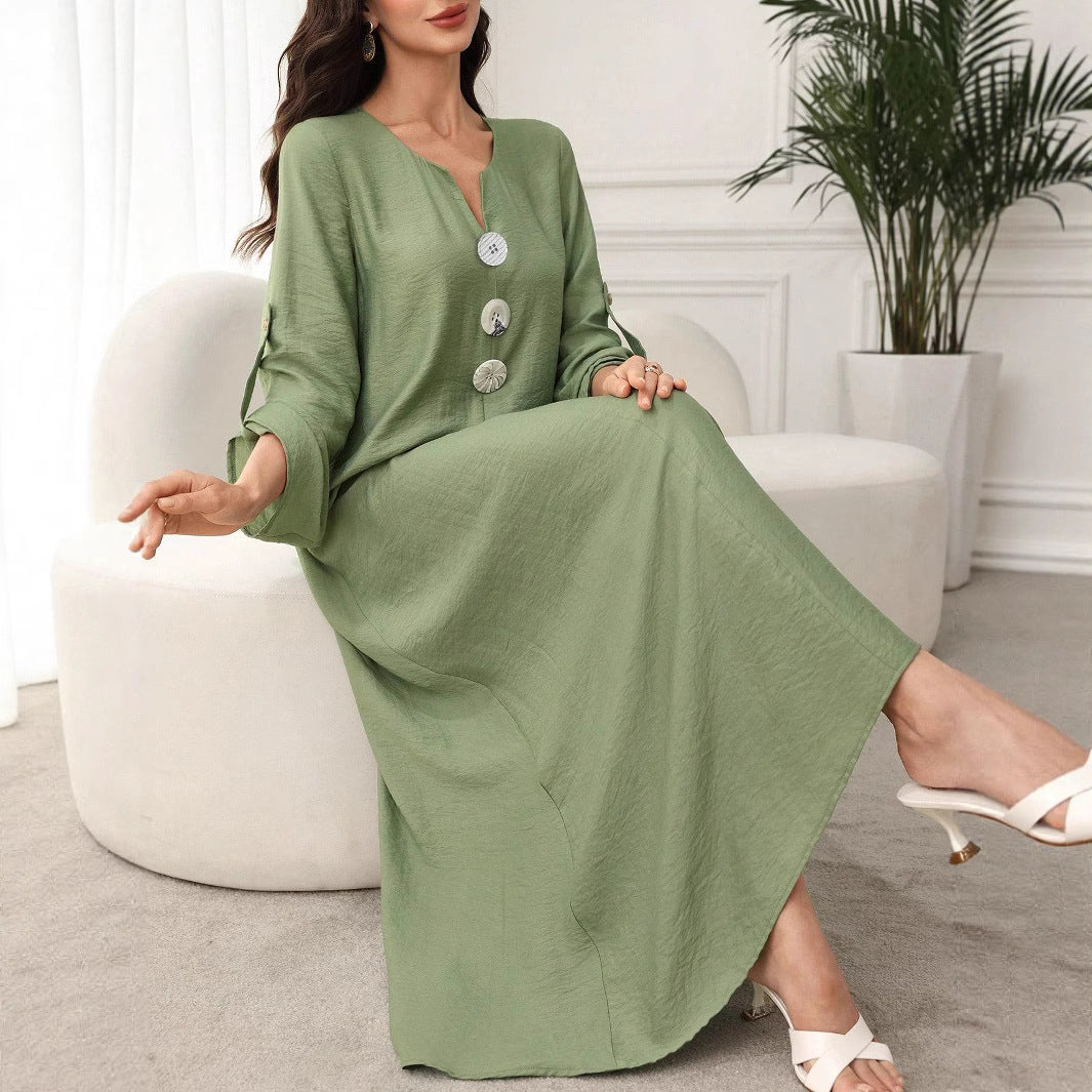 Damen Maxikleid mit Zierknöpfen, V-Ausschnitt und krempelbaren 3/4-Ärmeln Shop Nory