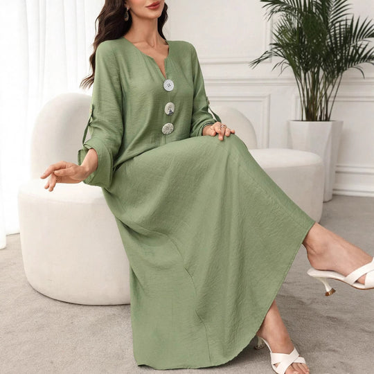Damen Maxikleid mit Zierknöpfen, V-Ausschnitt und krempelbaren 3/4-Ärmeln Shop Nory