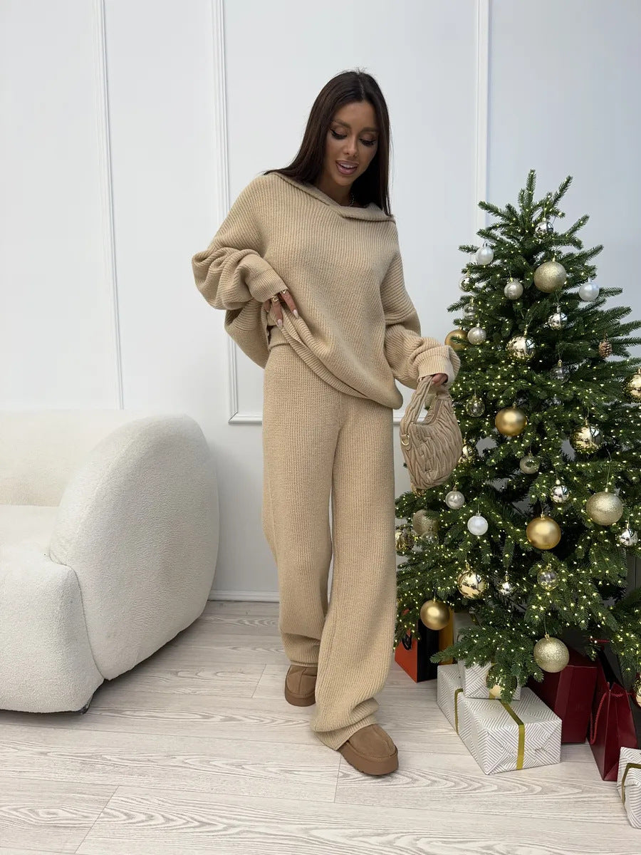 Damen elegantes kaschmirähnliches Strick-Set mit asymmetrischem Wasserfallkragen und fließender Palazzo-Strickhose Shop Nory