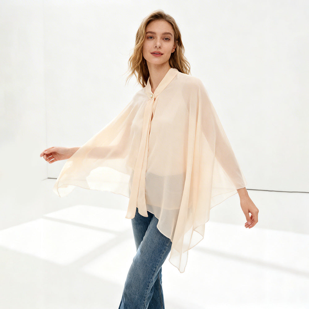 Damen Chiffon-Cape mit Schleifenkragen und Zierknopf Shop Nory