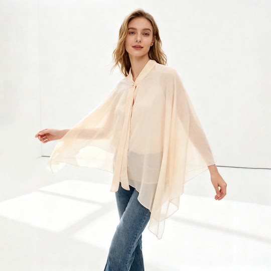 Damen Chiffon-Cape mit Schleifenkragen und Zierknopf Shop Nory