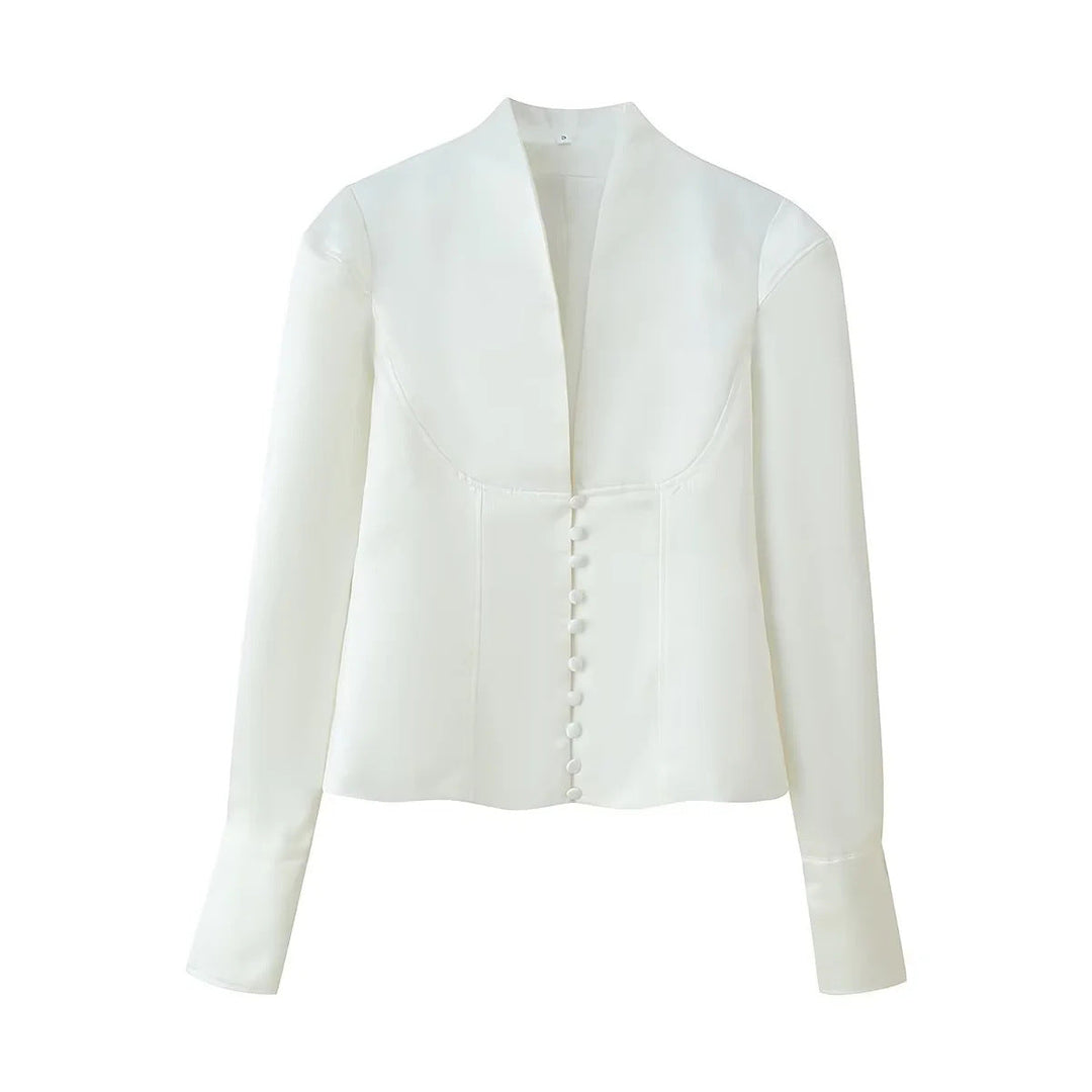 Damen elegante Blazerjacke mit modischem Stehkragen und dekorativen Knopfdetails Shopnory