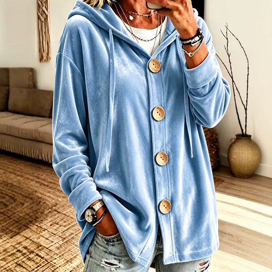 Damen Oversize Kapuzen-Samtjacke mit großen Holzknöpfen und weichem Veloursfutter Shop Nory
