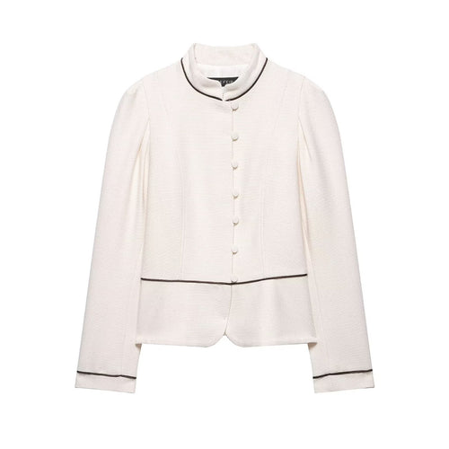 Damen Kurzblazer im Bouclé‑Look mit Stehkragen, dekorativer Paspelierung und bezogenen Knöpfen Shop Nory