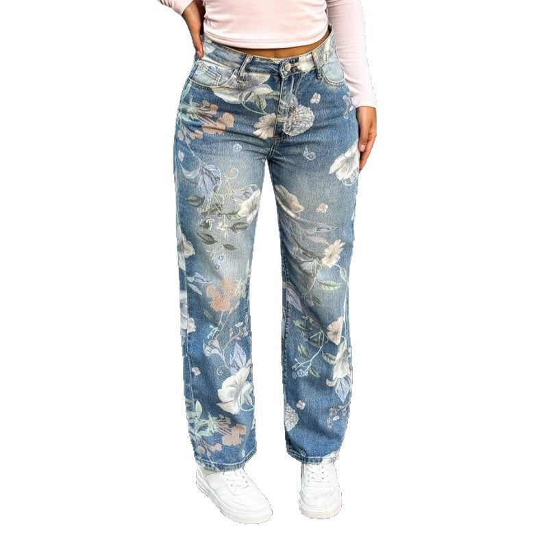 Damen High-Waist Straight-Jeans mit floralem Print und relaxed Fit Shop Nory