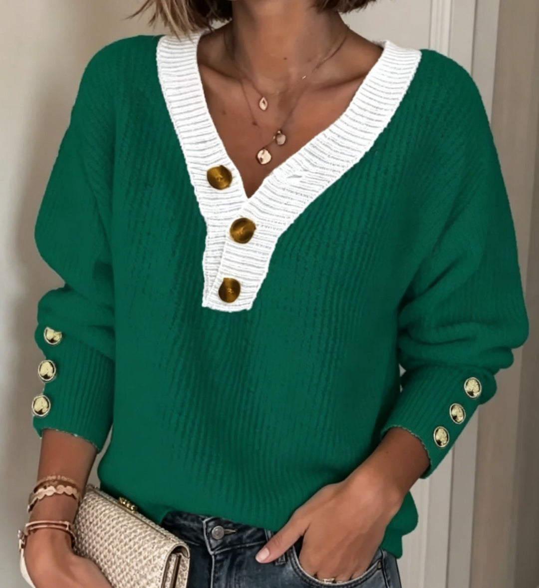 Damen Feinstrickpullover mit tiefem V-Ausschnitt, kontrastierter Knopfleiste und Zierknopf-Ärmeln Shop Nory