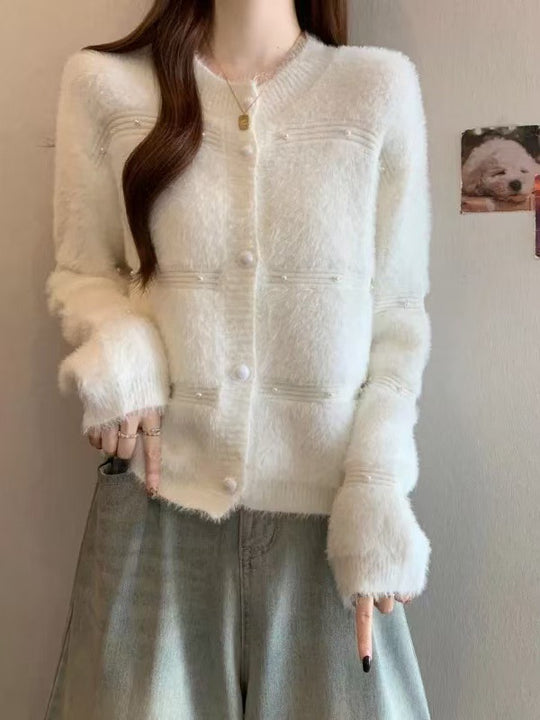 Damen Gemütlicher Strickcardigan mit Perl-Details Shop Nory