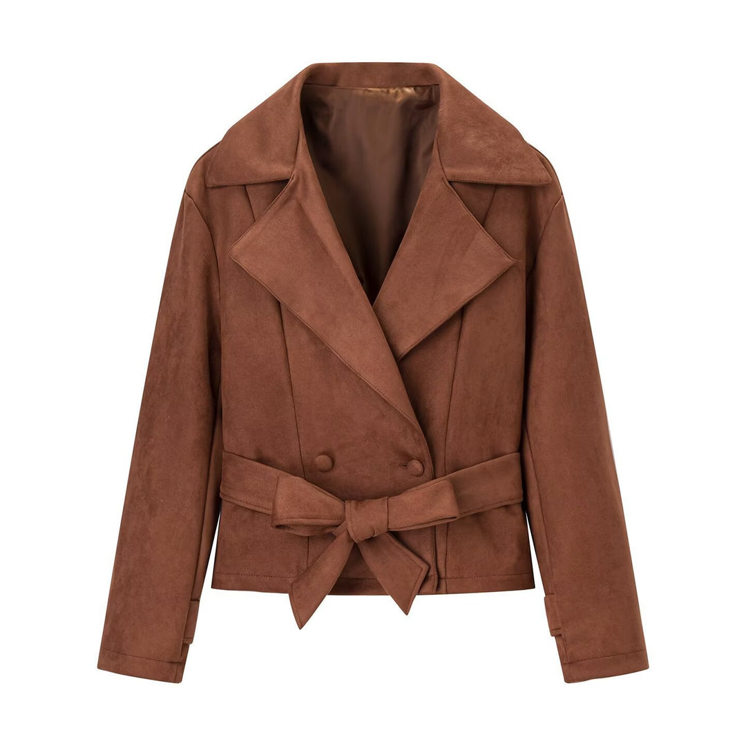 Damen Kurzjacke im Veloursleder‑Look mit Taillengürtel und großem Revers Shop Nory