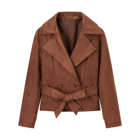 Damen Kurzjacke im Veloursleder‑Look mit Taillengürtel und großem Revers Shop Nory