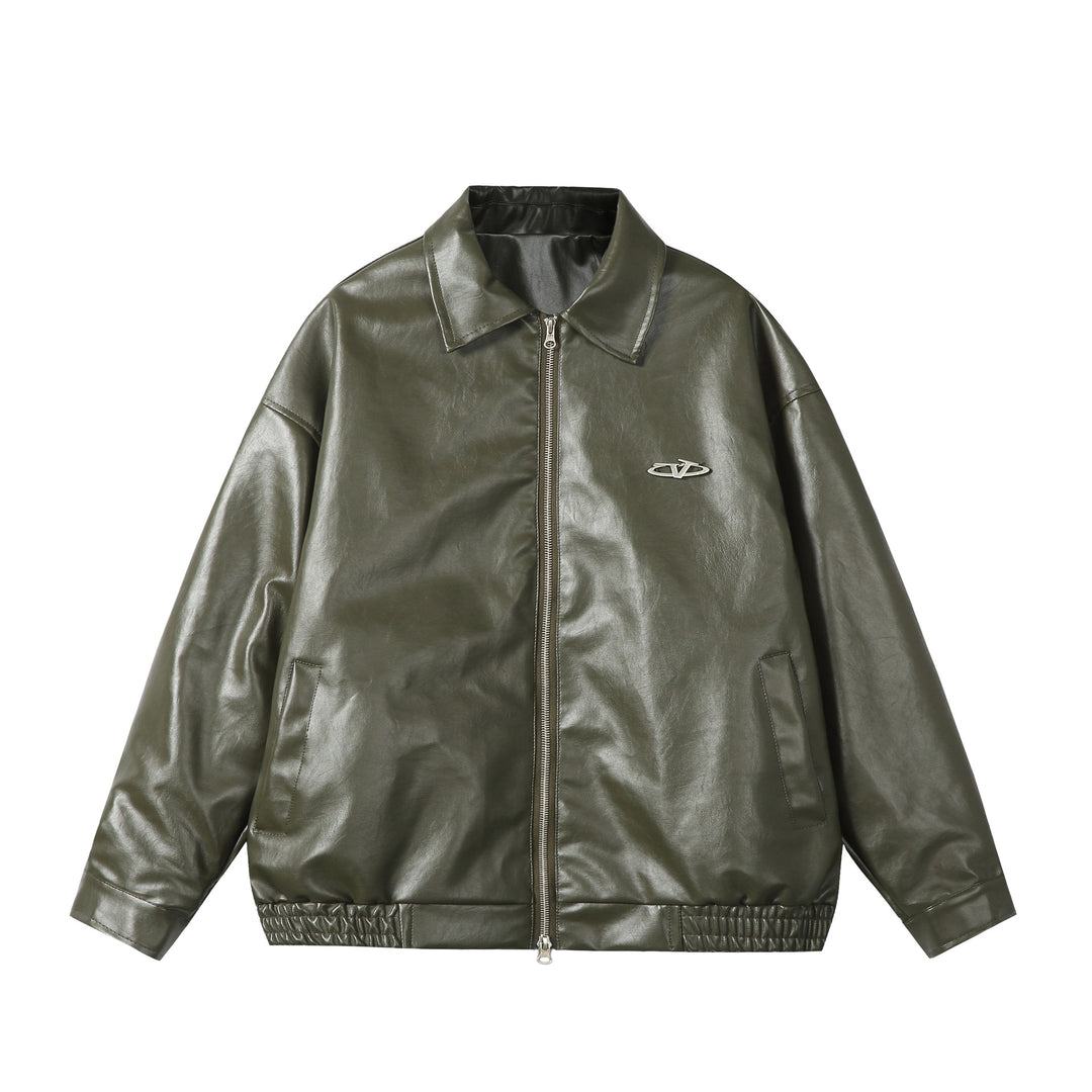Damen Oversize Glattleder‑Optik Blousonjacke mit elastischem Saum und Metall‑Logo Shop Nory