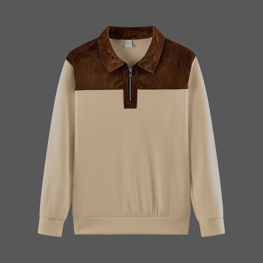 Unisex nan feinstrukturierter Strickpullover mit halbem Reißverschlusskragen und Samtbesatz Shop Nory