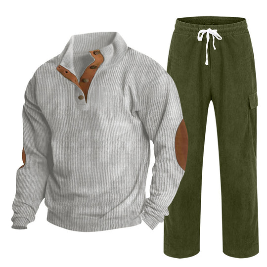 Herren Gemütliches Freizeit-Set aus Waffelstrick-Henley mit Ellenbogenpatch und Relax-Cargo-Hose Shop Nory